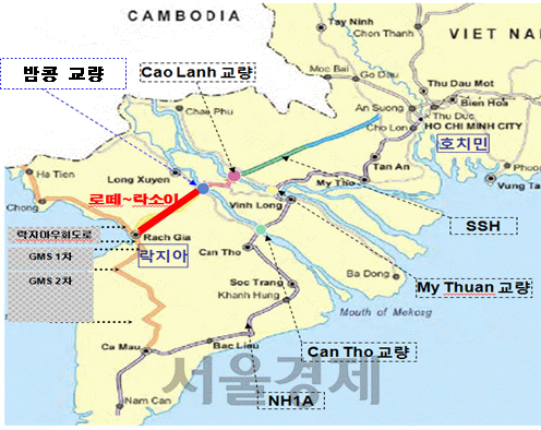 롯데건설이 베트남 남서부 껀터시에서 끼엔장성을 연결하는 ‘로테-락소이’ 고속도로 공사구간 위치도 / 사진제공=롯데건설<BR><BR>