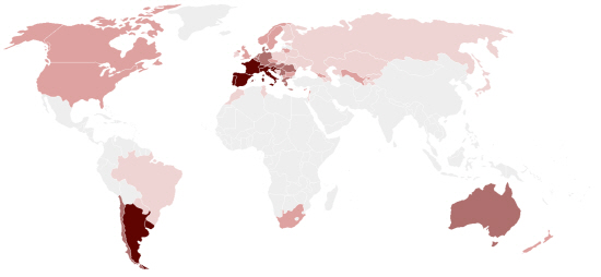 글로벌 ‘와인벨트’가 표시된 세계지도.<BR><BR>