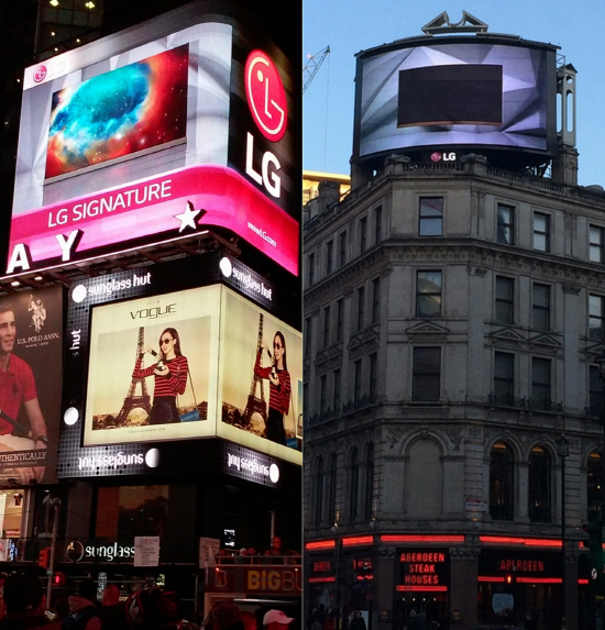 LG전자가 미국 뉴욕 타임스 스퀘어(사진 왼쪽), 영국 런던 피카딜리 광장에서 상영 중인 ‘LG 시그니처’ 광고영상의 모습. /사진제공=LG전자<BR><BR>