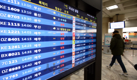 24일 서울 김포공항 국내선 청사에 제주와 김포로 오가는 항공편 결항 안내문이 게시되고 있다. 한국공항공사는 폭설과 강풍으로 내일 오전 9시까지 제주공항의 활주로 운영을 중단한다고 밝혔다./김포=권욱기자