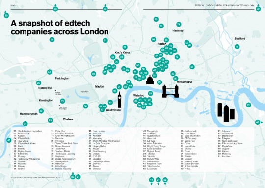 ▲런던에 있는 에듀테크 기업들(사진 : EDTECH: LONDON CAPITAL FOR LEARNING TECHNOLOGY보고서) /출처: 블로터