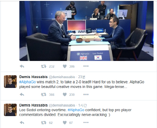 10일 오후 1시 열린 이세돌 9단과 알파고의 두번째 대결이 끝난 직후 구글 딥마인드 데미스 하사비스 최고경영자(CEO)가 자신의 트위터에 글을 남겼다.