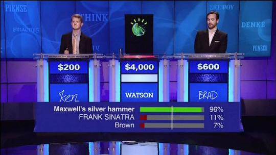 IBM이 만든 인공지능 왓슨이  미국 퀴즈쇼 ‘제퍼디’(Jeopardy)에 출연해 인간 챔피언 두명과 경쟁하고 있다.