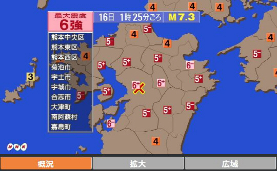 16일 오전 1시 25분 일본 구마모토현에서 규모 7.3의 강진이 추가로 발생했다./NHK지진정보 사이트 캡쳐