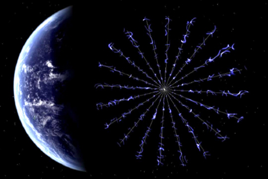 ‘이-세일’(E-Sail)의 컨셉트 사진. 바퀴살처럼 보이는 선에 전류를 흘려 보내 태양풍 사이에 발생하는 반발력을 이용해 빠른 속도로 날아간다./사진=NASA