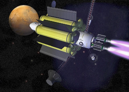플라즈마 엔진을 장착한 바시미르(VASIMIR) 로켓을 이용해 화성을 탐사하고 있는 상상도. /사진=NASA