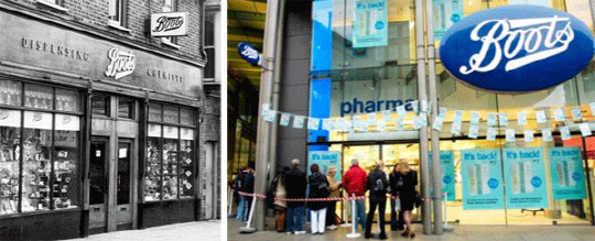 부츠의 어제와 오늘: 1962년 당시 부츠 아울렛(왼쪽)과 현재의 모습. 부츠의 인기 상품인 넘버 세븐 미용 제품을 구입하려는 고객들이 줄지어 서있다.