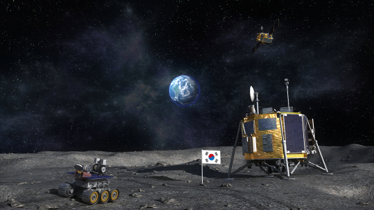 한국항공우주연구원에서 상상한 달 탐사도. 착륙선(오른쪽), 달 탐사 차량인 로버(왼쪽)를 비롯해 우주에 궤도선이 운행되고 있다. /사진제공=한국항공우주연구원