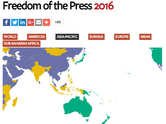 국제인권단체 프리덤하우스의 2016년 언론 자유 보고서에 따르면, 우리나라의 언론 자유 순위가 6년째 ‘부분적 언론 자유국’인 것으로 나타났다./ 출처=프리덤하우스 홈페이지 캡처