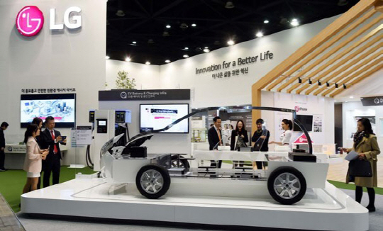 지난해 일산 킨텍스에서 열린 ‘대한민국 에너지대전’에 마련된 LG 전시관. LG의 미래 스마트카 부품 사업을 보여주고 있다.