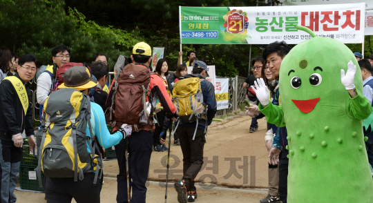 오이데이를 하루 앞둔 1일 오전 서울 서초구 청계산 원터골 입구에서 농협유통 창사 21주년 및 근로자의 날을 맞아 김병문 대표이사, 정대훈 노조위원장 등 임직원 30여명이 오이 3000개를 준비해 등산객들에게 나눠주며 홍보활동을 하고 있다./이호재기자 s020792@sedaily.com