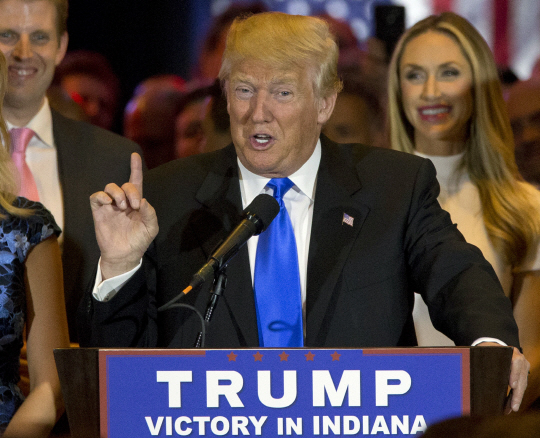 Republican presidential candidate Donald Trump speaks during a primary night news conference, Tuesday, May 3, 2016, in New York. (AP Photo/Mary Altaffer)      <저작권자(c) 연합뉴스, 무단 전재-재배포 금지>