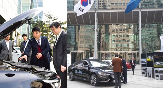 [좌] 권오준(오른쪽) 포스코 회장이 SM6 엔진룸을 살펴보고 있다.<BR>[우] 서울 대치동 포스코센터 앞에 마련된 르노삼성 ‘SM6’ 신차 판촉행사장 모습.