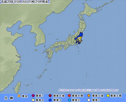 일본 간토지역에서 발생한 이번 지진은 일본 수도권 권역 등지서 진도 3~5의 흔들림이 감지됐다. /사진=일본 기상청홈페이지