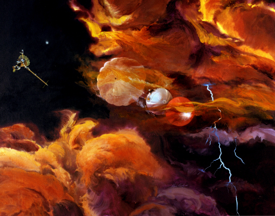 미국 항공우주국(NASA)dml 갈릴레오 탐사선(그림 왼쪽)에서 분리된 보조탐사선(가운데)이 번개와 폭풍이 몰아치는 목성의 격렬한 대기 속으로 낙하산을 펴며 진입하는 것을 이미지로 표현했다. /이미지출처=NASA