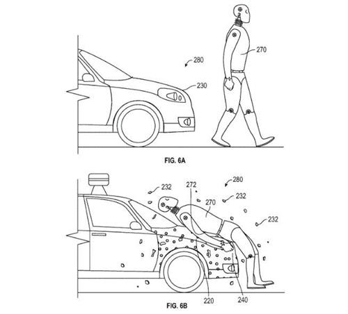 ‘끈끈이’ 기술은 차량 앞부분에 부착된 끈끈한 접착막으로 사람이 차에 부딪힐 경우 튕겨나가지 못하게 한다. /출처=미국특허청