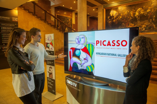 관람객들이 헝가리 국립 미술관의 ‘피카소 전’에서 77형 LG 올레드 TV로 피카소 의 작품을 감상하고 있다. /사진제공=LG전자
