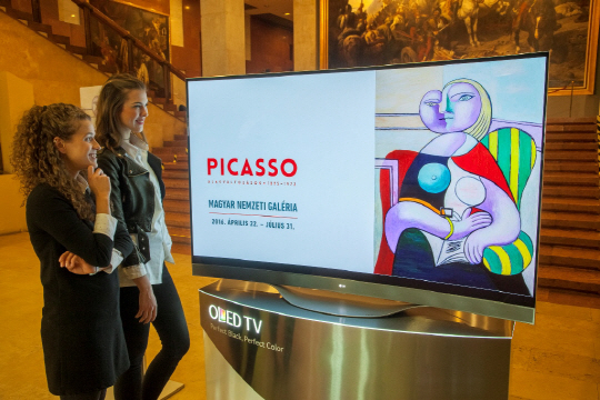관람객들이 헝가리 국립 미술관의 ‘피카소 전’에서 77형 LG 올레드 TV로 피카소 의 작품을 감상하고 있다. /사진제공=LG전자