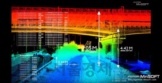 현대엠앤소프트의 고정밀 공간정보 조사 시스템 차량이 고정밀 지도를 만들기 위해 도로와 주변 지형의 모든 위치 데이터를 수집하고 있다. /사진제공=현대엠앤소프트