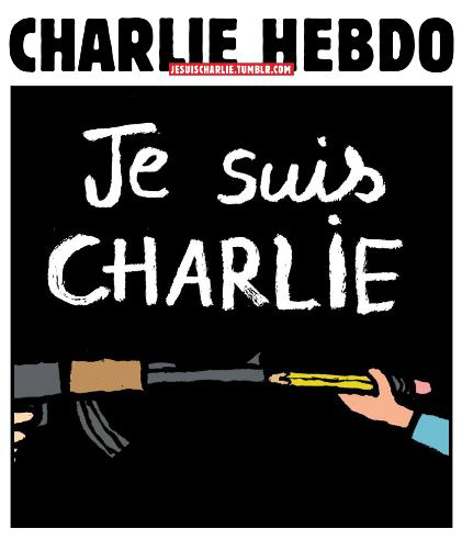 2015년 1월 7일(현지시간) 프랑스 파리 도심에 위치한 풍자주간지 샤를리 에브도(Charlie Hebdo) 사무실에 이슬람 극단주의자 테러리스트들이 침입, 총기를 난사해 편집장인 스테판 샤르보니에르을 포함한 직원 10명과 경찰 2명 등 총 12명이 사망했다. ‘나는 샤를리다(Je suis charlie)’가 적힌 이 포스터는 이슬람극단주의에 맞서 표현의 자유를 주장한 이들이 그린 것./위키피디아캡처