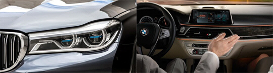 BMW 뉴 7시리즈 모델에 장착된 레이저 라이트(왼쪽). BMW 뉴 7시리즈 모델은 운전자가 손동작으로 각종 기능을 제어할 수 있는 제스처 컨트롤 기술을 채택했다.