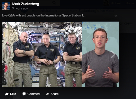 1일(현지시간) 마크 저커버그 페이스북 CEO가 국제우주정거장(ISS)에 있는 우주인 3명과 실시간방송인 페이스북 라이브를 통해 질의응답을 가졌다. /출처=페이스북캡쳐