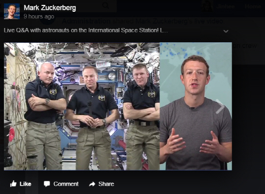 저커버그와 ISS 우주인들의 만남...페이스북라이브 실시간 대담