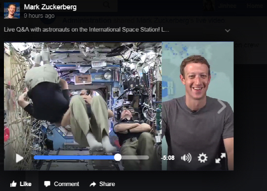 저커버그와 ISS 우주인들의 만남...페이스북라이브 실시간 대담