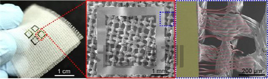 섬모구조를 이용해 직물 위로 전사인쇄 한 박막형 폴리이미드 기판의 사진(왼쪽) 및 주사현미경 이미지(가운데). 박막형 폴리이미드 기판 주변에 형성시킨 섬모의 주사현미경 이미지(오른쪽)./사진제공=미래창조과학부