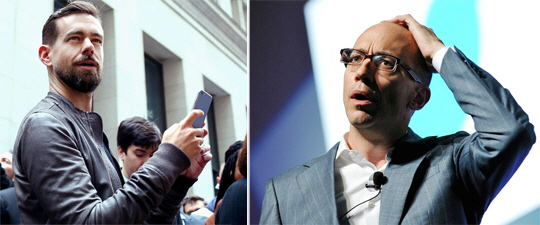 전임 CEO 딕 코스톨로(오른쪽)는 트위터를 ‘매출을 일으키는 기업’으로 변신시켰지만, 제품 개발 측면에선 어려움을 겪었다. 잭 도시(왼쪽)는 지난해 10월 공식적으로 CEO로 복귀한 뒤, 트위터 제품 팀을 재정비했다.