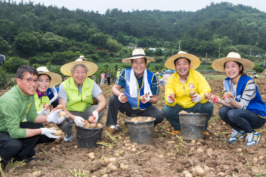 김한(왼쪽 세번째) 광주은행장과 박인규(// 네번째) 대구은행장이 9일 전남 보성 회천면에서 열린 영호남 협력 강화를 위한 ‘달빛동맹 교류’ 행사에서 농촌 일손돕기 봉사활동을 펼치고 있다. 이번 행사는 영호남 금융인들의 화합과 우정을 다지고 지역간 심리적 거리감을 줄이자는 차원에서 마련됐다./사진제공=광주은행