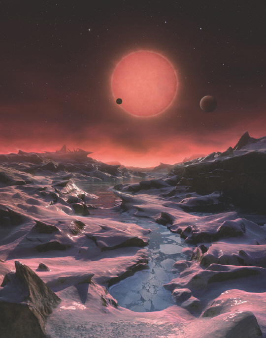 최근 발견된 차가운 항성 ‘트라피스트-1(TRAPPIST- 1)’과 그 주위를 공전하는 3개의 행성을 그린 일러스트. 세 행성 중 한 곳에서 바라본 광경을 상상한 것이다.