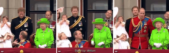 영국 왕위 계승 서열 2위인 윌리엄  왕세손이 지난 11일 버킹엄궁에서 열린 왕실 행사에서 혼자 앉아 있다 할머니 엘리자베스 2세 여왕의 말을 듣고 머쓱하게 일어서고 있다. /사진=브랜던 맥긴리 트위터 캡처