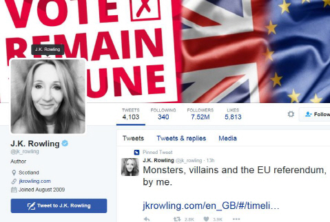 롤링은 20일(현지시간) 자신의 트위터에 올린 ‘괴물들, 악당들, EU국민투표에 관해’라는 제목의 글을 올렸다./트위터 캡처