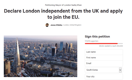 런던 ‘독립’을 주장하는 청원 사이트. 27일(현지시간) 오전 기준으로 17만 1,976명이 서명을 했다./출처=‘체인지’(change.org) 캡처 화면