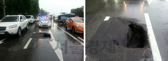 5일 서울지역에 내린 폭우로 인해 마포대교 앞 도로에 싱크홀이 발생했다./사진제공=마포경찰서