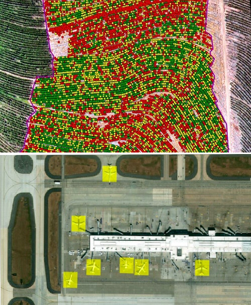 지리정보 데이터 기업들은 알고리듬과 위성 사진을 기반으로 숲 속의 각 나무들(왼쪽)과 활주로 위의 항공기 같은 지표상의 물체를 파악할 수 있다.