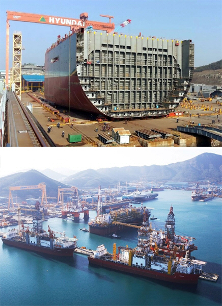 (위) 현대중공업은 1만톤급 초대형 선박 블록을 육상에서 제작한 뒤 도크로 옮겨 선체 조립을 진행하는 최신 ‘테라공법’을 적용하고 있다. (아래) 각종 해양플랜트를 건조 중인 대우조선해양 옥포 조선소 전경.