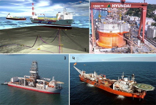 1. FPSO(부유식 원유 생산·저장·하역 설비)의 작업 모습을 보여주고 있는 그래픽. 2. 현대중공업 울산 조선소에서 세계 최대 원통형 FPSO가 제작되고 있다. 3. 지난해 대우조선해양이 미국 천연가스·석유 공급업체 트랜스오션에 인도한 드릴십. 4. 영국 북해에서 심해 원유를 시추 중인 FPSO 모습.