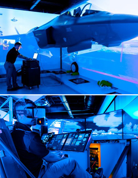 록히드마틴은 전투기 조종 훈련 과정에서 종종 VR과 실제 장비를 결합하고 있다. (위) 오큘러스 리프트 헤드셋을 쓰고 록히드마틴 훈련 장비를 시험하는 숀 뮤어 (아래) 뮤어가 F-35 기체 옆에 서 있다.