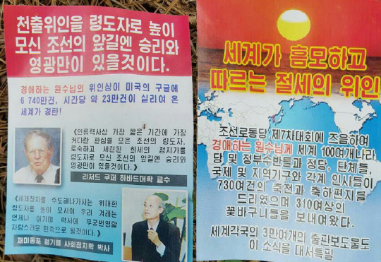 20일 경북 성주에서 북한 정권과 김정은을 찬양하는 내용의 전단(속칭 삐라)이 발견됐다. /연합뉴스