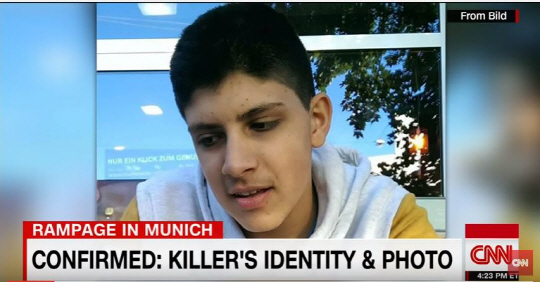 22일(현지시간) 발생한 독일 뮌헨 총기난사의 범인인 이란계 독일인 알리 손볼리.        /CNN 캡처