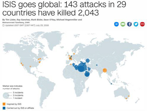 이슬람국가 IS가 지난 2년간 전 세계 29개 나라에서 143차례 테러를 자행했다. / 이미지=CNN방송