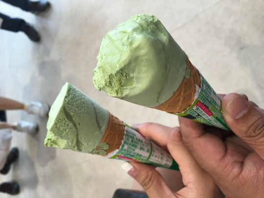 히타카츠 여객 터미널 내에 설치된 아이스크림 자판기에서 녹차 아이스크림을 구매했다./이종호기자