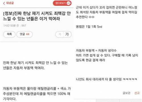 “남성에 부동액 타 먹였다” 워마드 경찰 수사 착수에 네티즌 “암덩이들 도려내야”