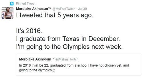 미국 육상 선수모롤케이 아키노슨의 5년전 트위터글이 화제 되고있다./사진=트위터캡쳐