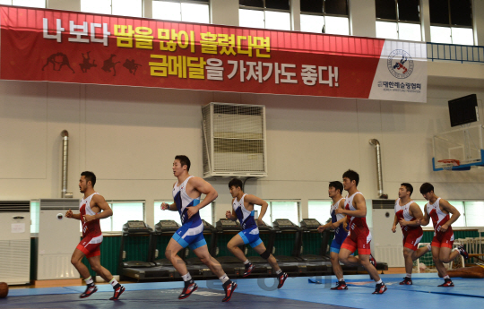 18일 오전 서울 노원구 태릉선수촌에서 열린 2016 리우올림픽 레슬링 국가대표 미디어데이 행사에서 대표팀 선수들이 몸을 풀고 있다./송은석기자