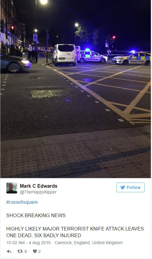 3일 밤(현지시간) 칼부림이 일어난 영국 수도 런던의 러셀스퀘어/트위터캡쳐