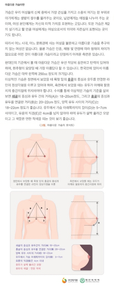 보건복지부에서 제공하는 공공포털인 ‘국가건강정보포털’에는 여성 가슴의 모양을 평가하는 글이 게재됐다./출처=국가건강정보포털