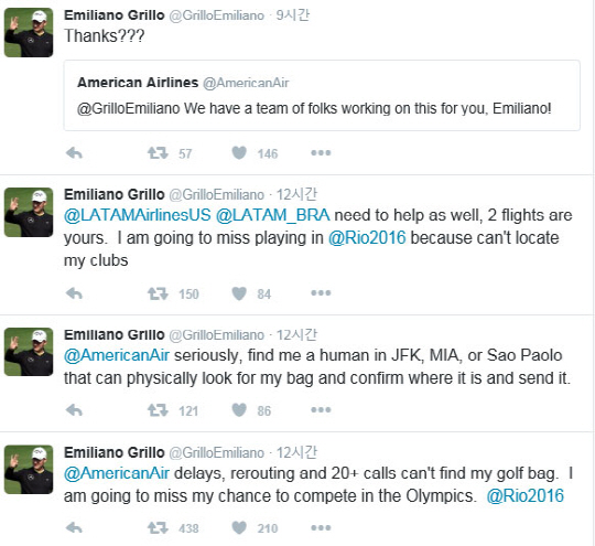 리우 올림픽에 출전하는 아르헨티나 골프 선수 에밀리아노 그리요가 비행기로 부친 골프채가 사라져 곤경에 빠졌다./사진=에밀리아노 그리요 트위터 캡쳐